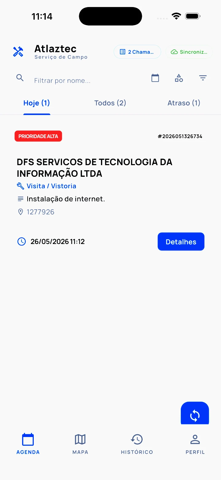App do técnico — lista de chamados do dia