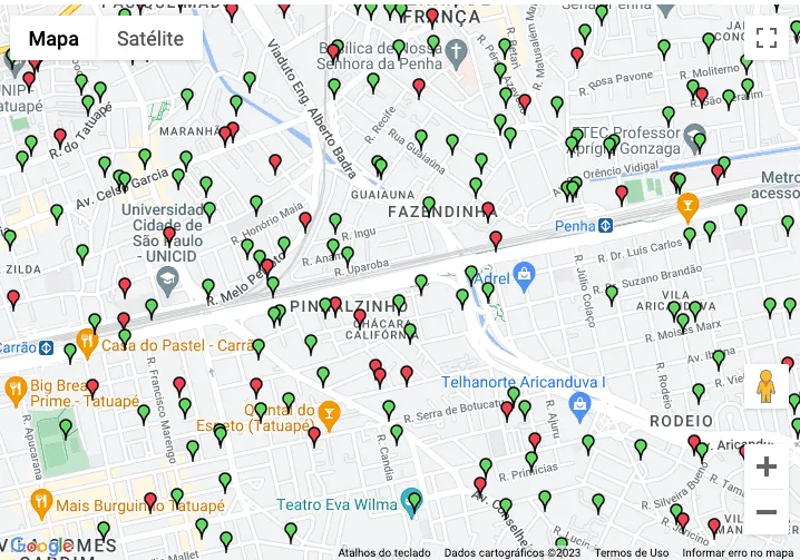 Mapa de clientes Atlaz: pontos verdes (online) e vermelhos (offline) no Tatuapé, Penha e Vila Aricanduva, São Paulo.